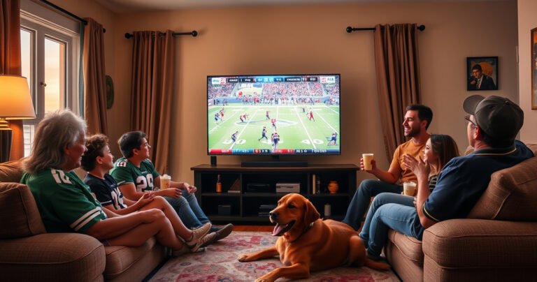 A cozy living room scene featuring a large flat-screen TV displaying an NFHS sports game, with excited family members gathered around, popcorn and drinks in hand, colorful team jerseys worn proudly, soft evening light filtering through curtains, and a playful dog resting at their feet, capturing the essence of home entertainment and sports enthusiasm.