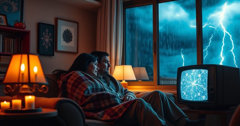 A cozy living room illuminated by flickering candlelight, a couple snuggled under a blanket on a sofa, eyes glued to a vintage television flickering with static. Outside the window, torrential rain pours and lightning illuminates dark storm clouds, casting shadows on their worried faces. A warm ambiance contrasts with the chaotic storm outside.