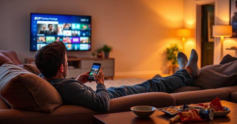 A cozy living room scene with a person comfortably lounging on a couch, intently watching TV on their smartphone. Soft ambient lighting casts a warm glow, while a large flat-screen TV in the background displays colorful streaming options. Snacks are scattered on a coffee table, creating a relaxed and inviting atmosphere perfect for entertainment.