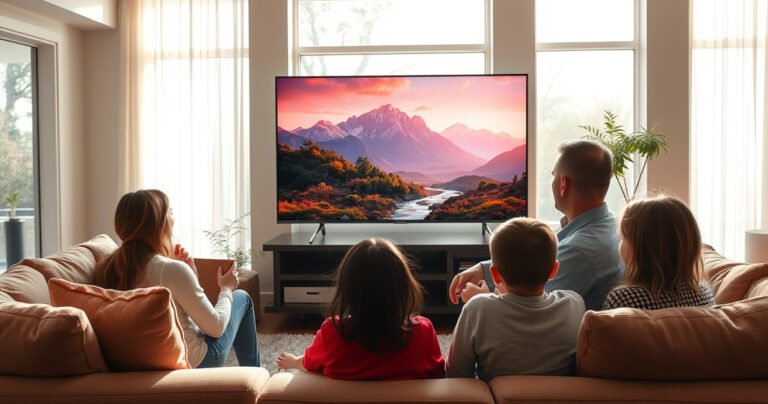 A cozy living room featuring a sleek HD TV displaying vibrant UHD content, with a family gathered around, captivated by the stunning visuals. Sunlight streams through large windows, illuminating plush furniture and colorful decor, creating a warm, inviting atmosphere that contrasts the sharp detail of the TV screen showcasing a breathtaking nature scene.