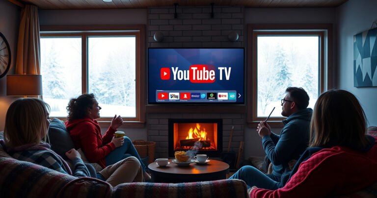 A cozy living room with a large screen displaying YouTube TV, surrounded by Canadians enjoying snacks. A frosty window shows snowflakes outside, while a warm fireplace glows softly. Colorful throw pillows and a steaming cup of coffee add a homely touch, evoking a sense of comfort and entertainment on a winter evening.