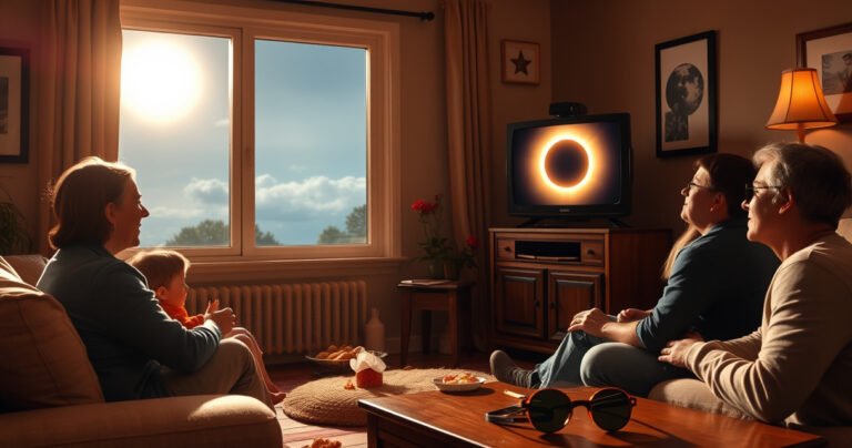 A cozy living room with a large window showcasing a solar eclipse in the sky, a family gathered around a vintage television set displaying live footage of the event, snacks scattered around, excited expressions on their faces, soft warm lighting creating a welcoming atmosphere, and eclipse glasses resting on a nearby table.