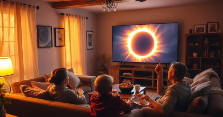 A cozy living room bathed in warm light, with a family gathered around a large screen displaying a vibrant solar eclipse. The room is decorated with eclipse-themed art, snacks on the table, and excited expressions on the faces, capturing the wonder and anticipation of watching the celestial event from the comfort of home.