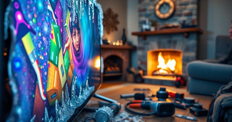 A close-up of a frozen LCD TV screen, displaying vibrant colors trapped in ice, with icicles hanging from the edges. In the background, a cozy living room setting with a warm glow from a fireplace, contrasting the cold screen. Tools and gadgets scattered nearby, hinting at DIY fixes, with a worried person observing the scene.