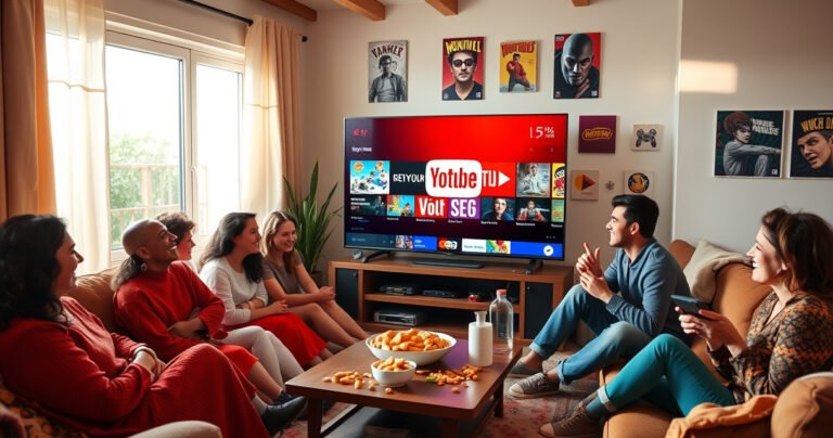 A vibrant living room scene with a diverse group of friends laughing and enjoying a large smart TV displaying a colorful YouTube TV interface, surrounded by snacks and cozy blankets, sunlight streaming through a window, showcasing a sense of togetherness and entertainment, with playful elements like game controllers and pop culture posters in the background.