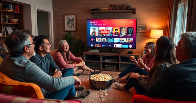 A cozy living room scene with multiple people gathered around a large television, engaging with a vibrant YouTube TV interface on the screen. Laughter and excitement fill the air as diverse individuals share snacks, a bowl of popcorn in hand, surrounded by colorful cushions and warm lighting, creating an inviting atmosphere of shared entertainment.