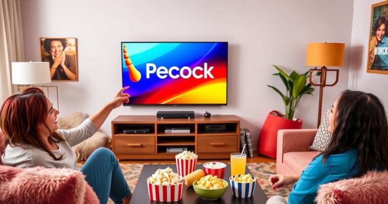 A vibrant living room scene featuring a large flat-screen TV displaying the Peacock streaming logo, surrounded by cozy furniture. A person excitedly points to the TV while holding a smartphone. Bright colors and plush cushions create a welcoming atmosphere, with popcorn and drinks on a coffee table, hinting at a movie night.