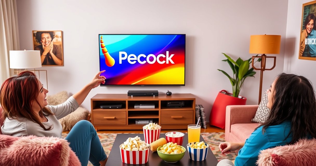 A vibrant living room scene featuring a large flat-screen TV displaying the Peacock streaming logo, surrounded by cozy furniture. A person excitedly points to the TV while holding a smartphone. Bright colors and plush cushions create a welcoming atmosphere, with popcorn and drinks on a coffee table, hinting at a movie night.