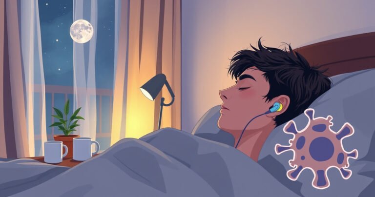 A cozy bedroom scene at night, softly illuminated by moonlight filtering through sheer curtains, featuring a person peacefully asleep with colorful earbuds in their ears. In the background, a bedside table cluttered with empty coffee cups and a small plant, while a subtle hint of bacteria illustrated near the ear emphasizes the article's theme.