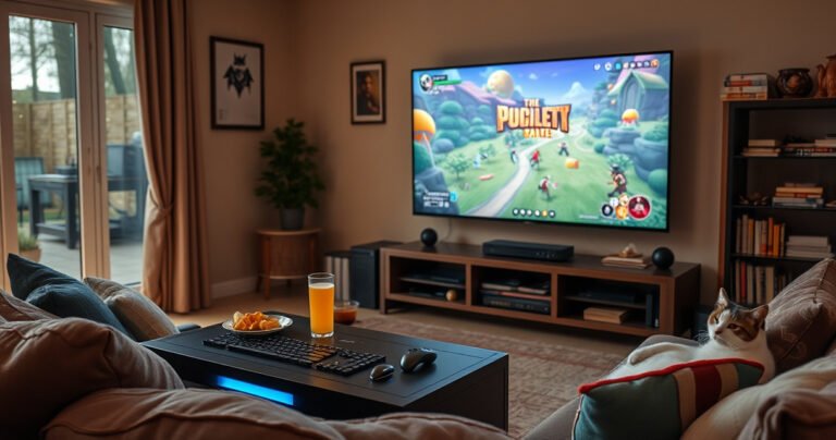 A cozy living room scene featuring a Steam Deck connected to a large flat-screen TV, vibrant game graphics glowing on the screen. A comfortable sofa with snacks and drinks, warm lighting creating an inviting atmosphere, and a cat lounging nearby, showcasing an easy, fun gaming setup.