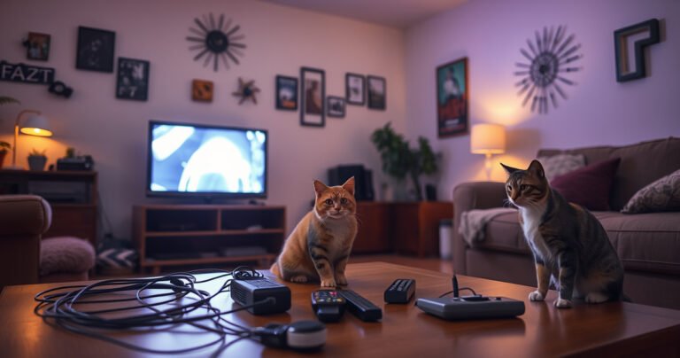 A living room bathed in soft evening light, a TV flickering to life on its own, casting eerie shadows. Cables and remotes scattered on a coffee table, a puzzled cat watching intently. Wall decor hints at technology with a juxtaposition of cozy home elements, creating an atmosphere of intrigue and the unexpected.