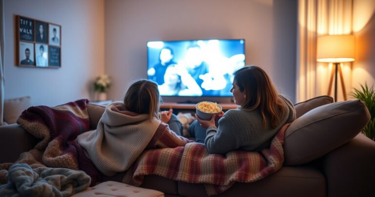 A cozy living room scene with two friends lounging on a plush sofa, sharing a bowl of popcorn. The glow of a large TV screen illuminates their faces as they enjoy a captivating show. Soft blankets, scattered cushions, and the warm light of a floor lamp create an inviting atmosphere for a shared viewing experience.
