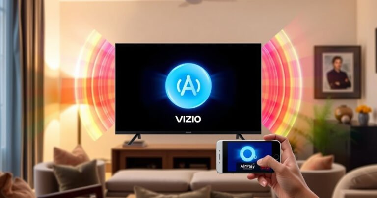 A sleek Vizio TV displaying the AirPlay logo, surrounded by vibrant colorful waves of digital signals, with a user-friendly mobile device showcasing the connection process. The background features a cozy living room with soft lighting, a comfy sofa, and decorative elements, creating a warm atmosphere that invites viewers to explore the seamless connectivity of modern technology.