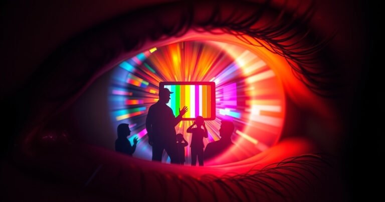 An eye with a vibrant, glowing television screen reflected in the iris, surrounded by swirling colorful static and shadowy figures, symbolizing the allure and dangers of screen time. The background fades into dark hues, contrasting with bright light from the TV, creating a sense of intrigue and caution about visual health and technology.