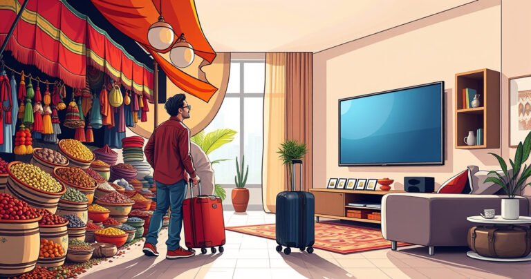 A split scene showcasing a vibrant Indian market with colorful textiles and spices on one side, contrasted with a sleek American living room featuring a large flat-screen TV. Illustrate a traveler with a suitcase, holding a remote control, looking curiously at both worlds, symbolizing the blending of cultures and technology.