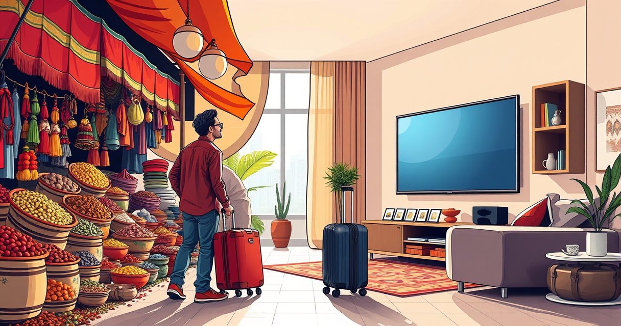 A split scene showcasing a vibrant Indian market with colorful textiles and spices on one side, contrasted with a sleek American living room featuring a large flat-screen TV. Illustrate a traveler with a suitcase, holding a remote control, looking curiously at both worlds, symbolizing the blending of cultures and technology.