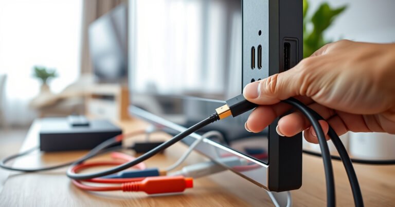A close-up of a modern TV with multiple HDMI ports visible on the side, surrounded by colorful cables and tech gadgets. A hand is plugging in a sleek HDMI cable, while a bright, inviting living room setting with soft lighting and a cozy atmosphere enhances the scene, emphasizing simplicity and connectivity.