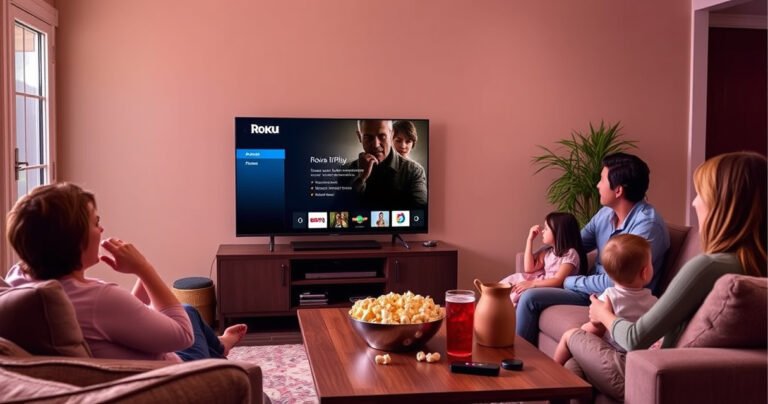 A cozy living room scene featuring a sleek Roku TV displaying an AirPlay interface, surrounded by modern furniture and soft lighting. A family enjoys movie night, with popcorn and drinks on a coffee table. An Apple device is nearby, hinting at the connection between the two. Warm colors create an inviting atmosphere.