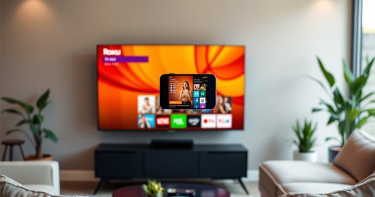 A sleek living room featuring a modern Roku TV displaying vibrant streaming content, with a smartphone in mid-air, projecting an app screen. Warm lighting creates a cozy atmosphere, while a stylish couch and decorative plants frame the scene, emphasizing the connection between devices and the joy of seamless streaming.