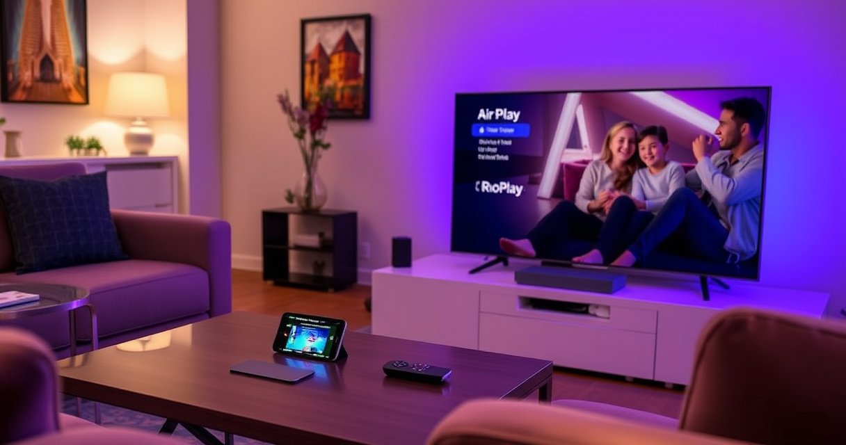 A cozy living room scene featuring a sleek Roku TV displaying a vibrant AirPlay interface. A modern coffee table holds a smartphone streaming music, while a family relaxes on a plush sofa, sharing smiles. Soft ambient lighting casts a warm glow, with colorful artwork on the walls, creating an inviting atmosphere for tech-savvy gatherings.