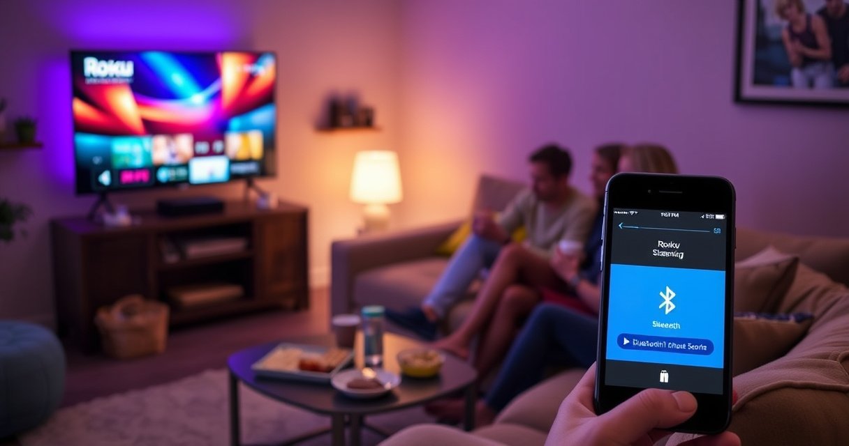 A cozy living room with a sleek Roku TV glowing with vibrant colors, a smartphone displaying a Bluetooth connection interface in the foreground, a couple of friends sitting on a plush couch, surrounded by snacks and drinks, engaged in a lively discussion about streaming, with soft lighting and a warm atmosphere enhancing the tech-savvy vibe.
