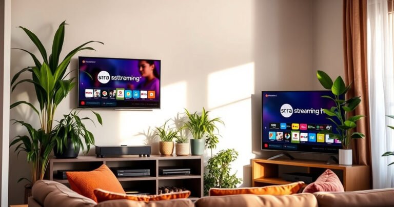 A cozy living room scene featuring a sleek 24-inch smart TV on a modern shelf, surrounded by vibrant plants and stylish decor. A comfortable couch with colorful throw pillows invites viewers to relax, while soft natural light filters through a nearby window, casting warm shadows and highlighting the TV's crisp screen displaying a popular streaming service logo.