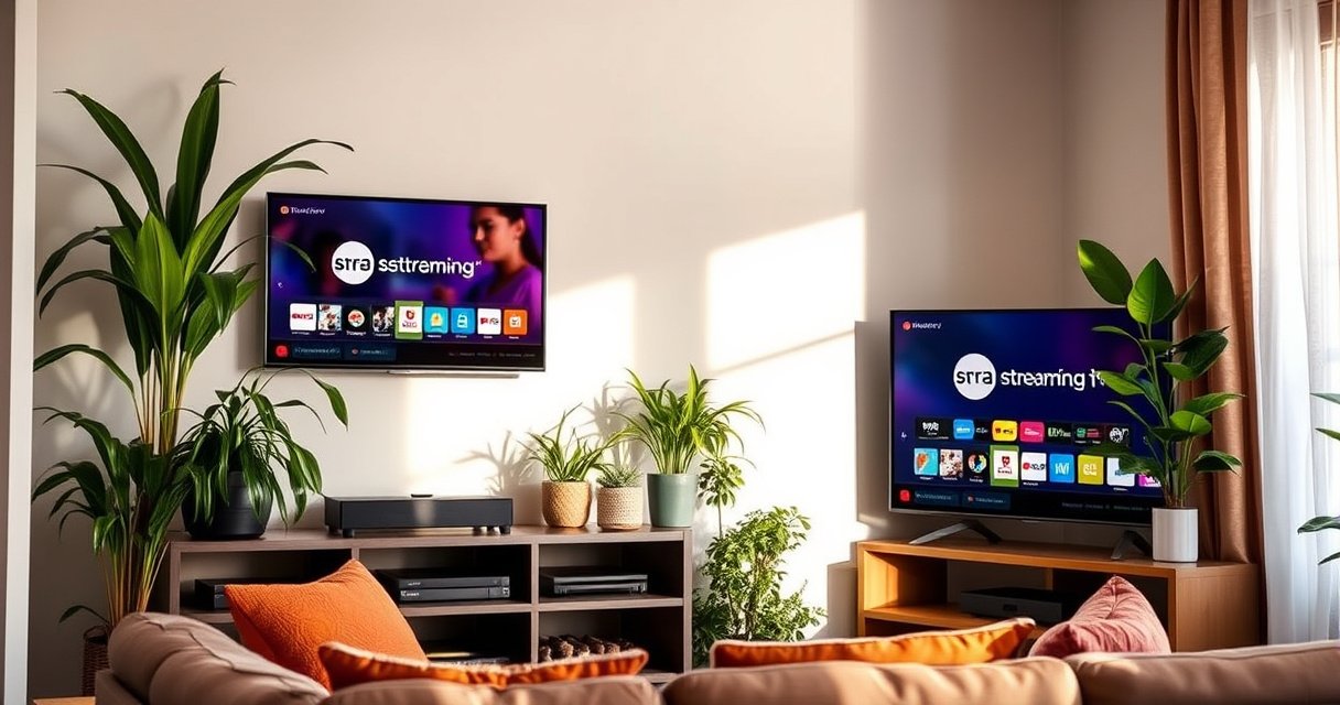 A cozy living room scene featuring a sleek 24-inch smart TV on a modern shelf, surrounded by vibrant plants and stylish decor. A comfortable couch with colorful throw pillows invites viewers to relax, while soft natural light filters through a nearby window, casting warm shadows and highlighting the TV's crisp screen displaying a popular streaming service logo.