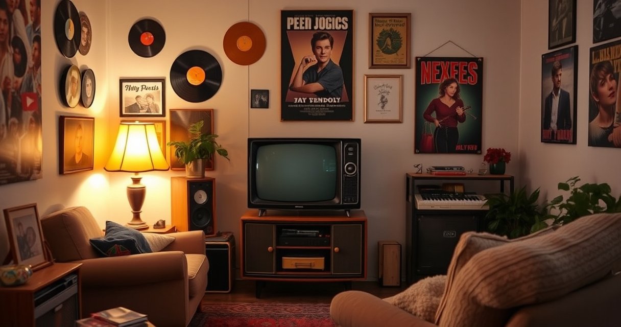 A cozy living room featuring a vintage non-smart television, surrounded by retro decor, a plush armchair, and a warm glow from a nearby lamp. Nostalgic elements like vinyl records and classic movie posters adorn the walls, evoking a sense of simplicity and connection to the past, with a soft focus on the TV drawing attention.