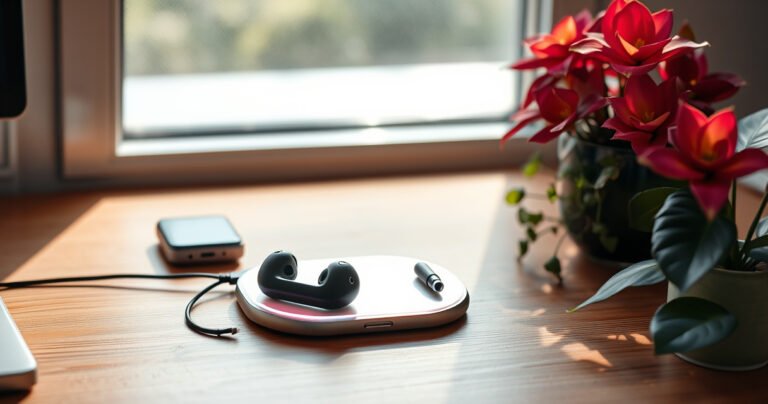 A minimalist workspace with a sleek, modern charging pad glowing softly under a pair of abandoned, stylish earbuds, a charging case nestled beside them. Natural light filters through a nearby window, casting gentle shadows on a wooden desk, while vibrant plants add a touch of life, creating an inviting atmosphere that sparks curiosity.