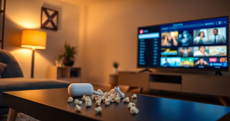 A cozy living room scene showcasing a sleek smart TV displaying vibrant streaming content, with a pair of stylish AirPods resting on a modern coffee table. Warm ambient lighting highlights a plush sofa and scattered popcorn, creating an inviting atmosphere for tech-savvy viewers eager to enhance their home entertainment experience.