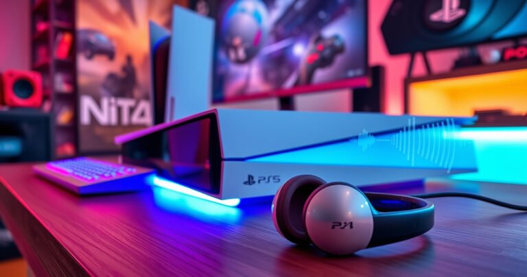 A sleek, modern PS5 console sits on a stylish gaming setup, illuminated by vibrant RGB lights. Nearby, a pair of glossy Bluetooth earbuds rests on a wooden surface, with soundwaves visualized in the air around them. A dynamic backdrop features a gaming-themed poster and subtle hints of a virtual world, capturing the essence of immersive gaming.