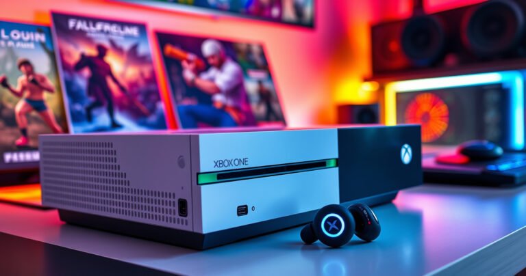A sleek Xbox One console sits on a modern gaming desk, flanked by vibrant gaming posters. A pair of stylish Bluetooth earbuds rests prominently beside the console, glowing softly. The background features a colorful LED gaming setup, with ambient lighting casting a warm glow, inviting gamers into a seamless audio experience.