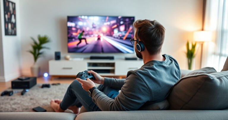 A sleek, modern living room with a gamer comfortably seated on a plush couch, wearing stylish Bluetooth earbuds. The vibrant Xbox controller rests in hand, while a large TV displays an action-packed game scene. Soft ambient lighting highlights tech gadgets scattered around, creating an inviting atmosphere of gaming and connectivity.