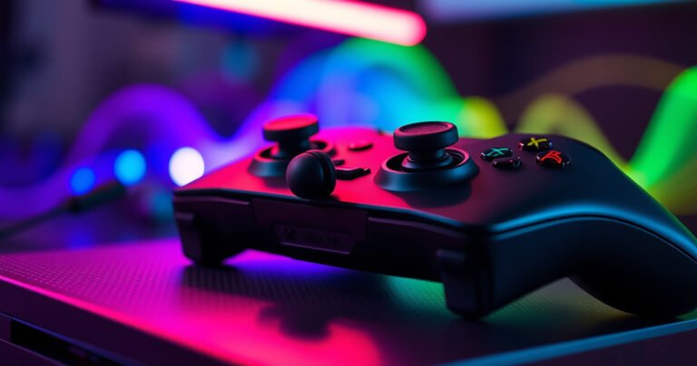 A close-up of sleek black earbuds resting on a glossy Xbox One controller, vibrant LED lights glowing in the background. The scene is dynamic and modern, showcasing the fusion of gaming and music, with hints of colorful soundwaves swirling around, symbolizing connectivity and immersive gaming experiences.
