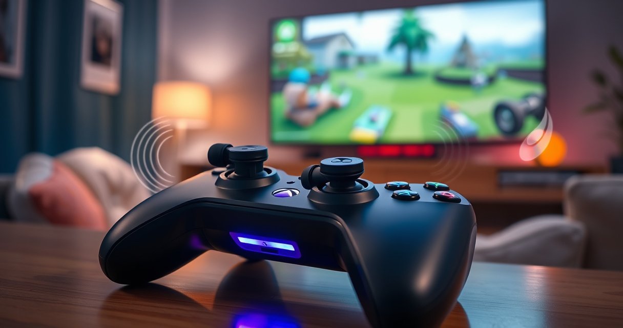 A sleek pair of wireless earbuds resting on a glossy Xbox controller, vibrant LED lights glowing, surrounded by swirling sound waves and digital icons representing connectivity. In the background, a cozy gaming setup with a large screen displaying a captivating game scene, soft ambient lighting creating an inviting atmosphere for gamers.