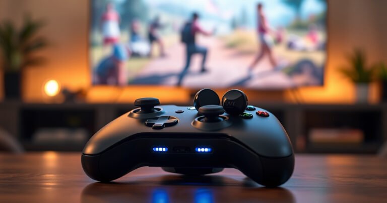A sleek pair of wireless earbuds resting on an Xbox controller, illuminated by soft blue LED lights, with a blurred background of a cozy gaming setup featuring a large TV screen displaying a vibrant game scene. Warm ambient lighting creates an inviting atmosphere, emphasizing the fusion of technology and gaming culture.