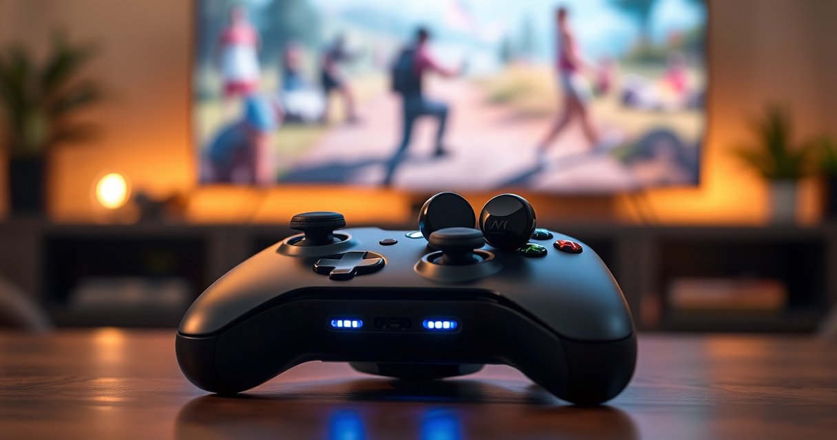 A sleek pair of wireless earbuds resting on an Xbox controller, illuminated by soft blue LED lights, with a blurred background of a cozy gaming setup featuring a large TV screen displaying a vibrant game scene. Warm ambient lighting creates an inviting atmosphere, emphasizing the fusion of technology and gaming culture.