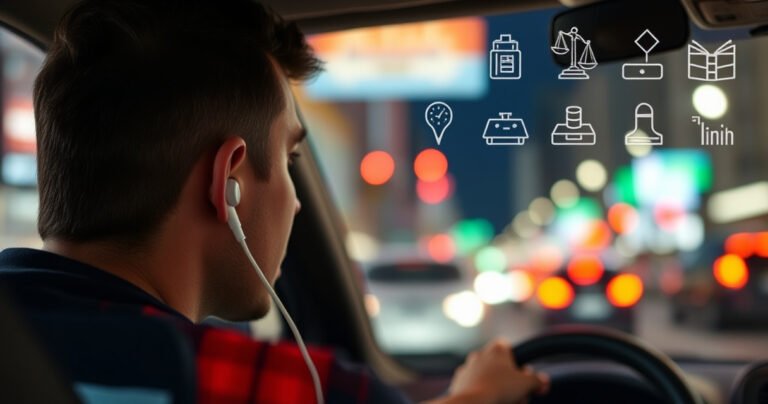A close-up of a person in a car, one earbud in, with a concerned expression while navigating a busy street. Surrounding them are vibrant city lights and blurred motion of traffic, emphasizing distraction. A subtle overlay of legal symbols and safety icons lightly blends into the background, hinting at the article’s themes of safety and legality.
