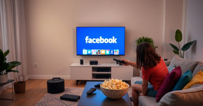 A cozy living room with a modern smart TV displaying the Facebook logo, soft ambient lighting, a comfy sofa adorned with colorful cushions, a bowl of popcorn on a coffee table, and a person curiously exploring the TV interface with a remote, surrounded by tech gadgets and a plant for a welcoming atmosphere.