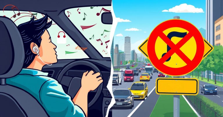 A vibrant, split-scene illustration showing a person driving a car with one earbud in, surrounded by swirling notes and sound waves, juxtaposed with a cautionary road sign displaying a crossed-out earbud symbol, set against a backdrop of busy city traffic and a clear blue sky, emphasizing the tension between safety and modern lifestyles.