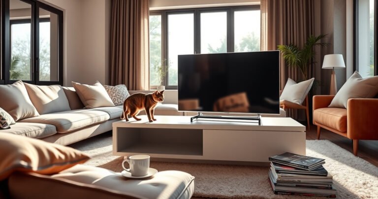A sleek, modern living room featuring a stylish smart TV laid flat on a minimalist coffee table, surrounded by cozy cushions and a soft rug. Gentle sunlight streams through large windows, illuminating the space, while a curious cat inspects the TV. A coffee cup and a stack of tech magazines add a touch of casual comfort.