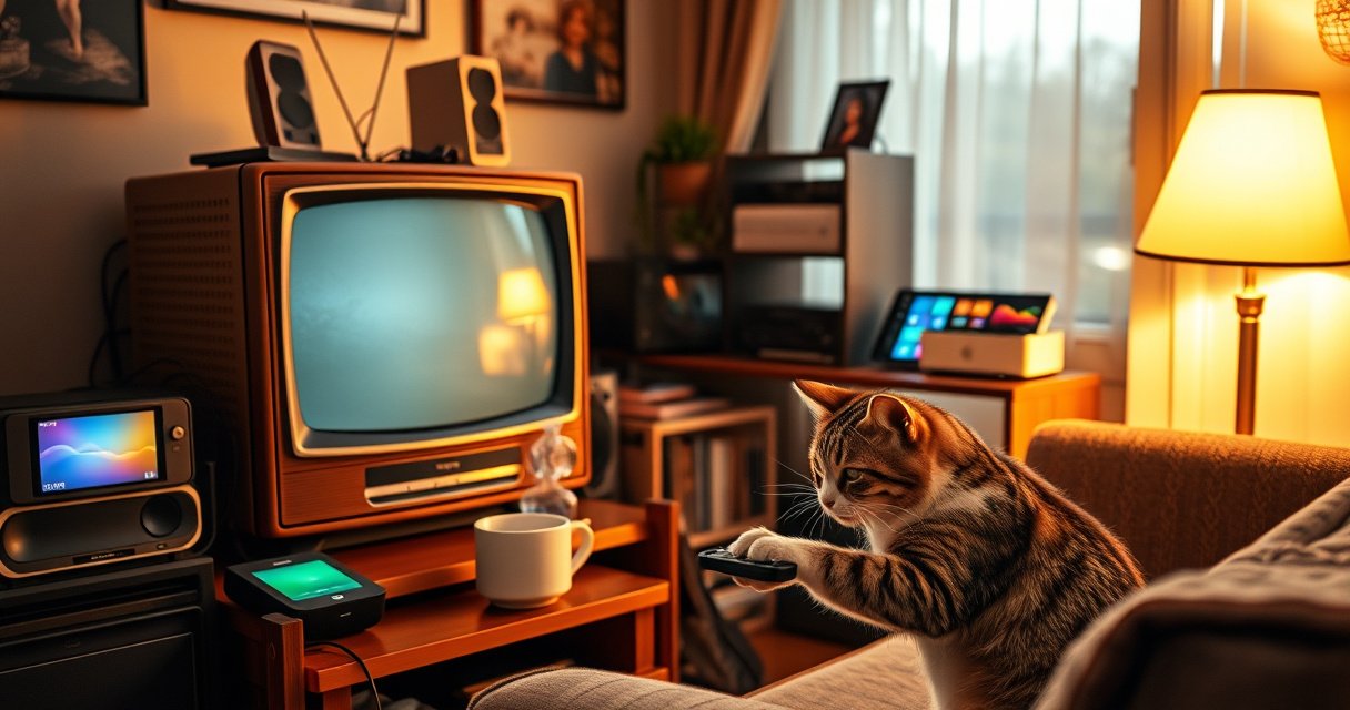 A cozy living room with a vintage TV surrounded by modern gadgets, a steaming cup of coffee on a side table, warm light from a nearby lamp casting a soft glow, colorful smart home devices displayed, and a curious cat pawing at a remote, embodying the fusion of old and new technology.