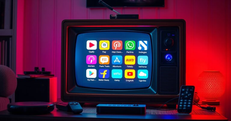 A vintage wooden television transformed with glowing smart technology, surrounded by modern gadgets like a streaming device and a smartphone. The screen displays vibrant app icons, with neon light reflections casting a warm glow in a cozy living room setting, highlighting a blend of retro charm and contemporary innovation.