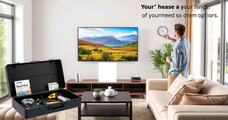 A modern living room with a sleek, wall-mounted TV displaying a vibrant nature scene, surrounded by stylish furniture. On one side, a toolbox with mounting supplies and a helpful guidebook. Natural light filters through a large window, illuminating the space, while a person thoughtfully examines the wall for stud-free mounting options.