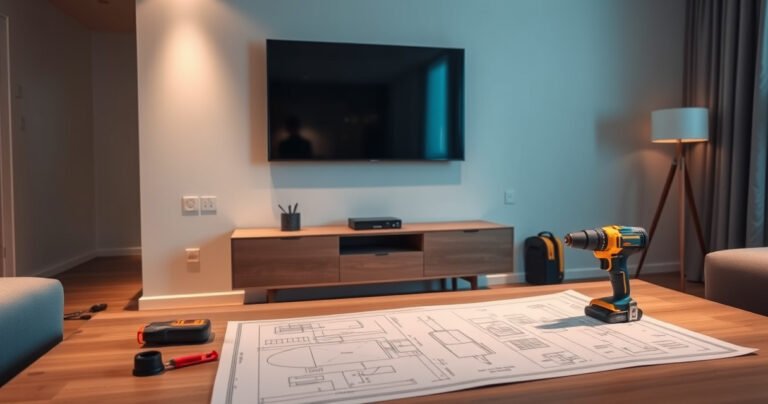 A close-up of a sleek modern living room with a stylish mounted TV above a minimalist console, emphasizing metal studs in the wall. Tools like a stud finder and drill are neatly arranged nearby, with a blueprint of mounting plans spread out on the table, soft ambient lighting creating a warm, inviting atmosphere.