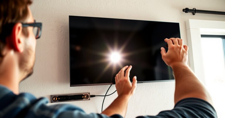 A close-up of a hands-on DIY scene showing a person carefully mounting a sleek flat-screen TV on a textured sheetrock wall, surrounded by tools like a stud finder and level. Bright sunlight streams in through a nearby window, illuminating the focused expression on the person's face, highlighting the challenge and excitement of the task.