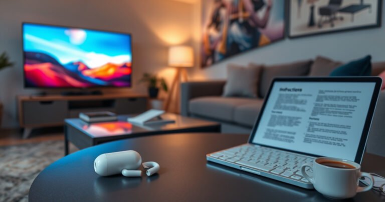 A cozy living room with a modern TV displaying vibrant colors, a pair of sleek AirPods resting on a stylish coffee table. Soft ambient lighting casts a warm glow, while a comfortable couch invites relaxation. Nearby, an open laptop shows step-by-step instructions, with scattered notes and a cup of coffee completing the inviting scene.