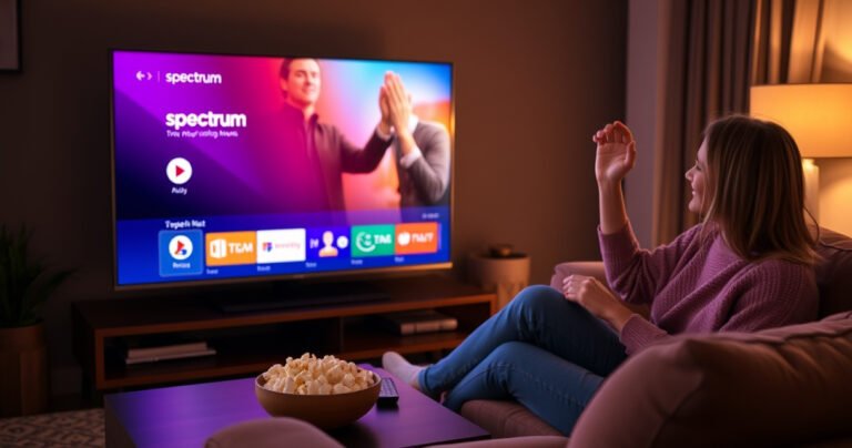 A cozy living room scene featuring a sleek flat-screen TV displaying a colorful Spectrum TV interface, a remote control resting on a soft couch, a bowl of popcorn on a coffee table, warm ambient lighting, and a person in comfortable loungewear joyfully pausing a show, embodying the ease of enjoying entertainment at home.