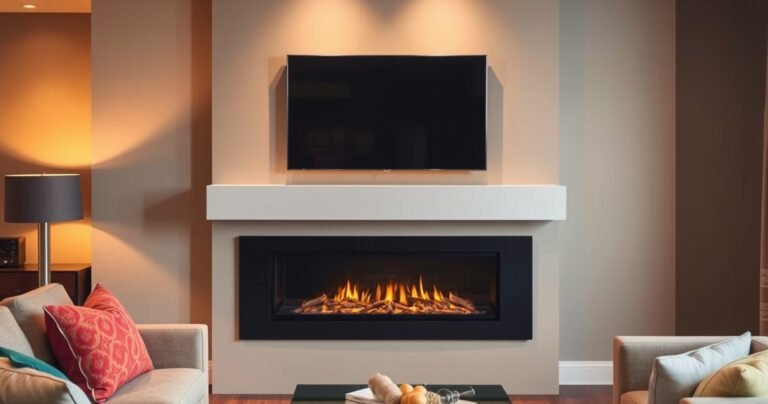 A cozy living room featuring a stylish fireplace with a modern TV mounted above it, elegant decor like a plush couch and vibrant accent pillows, warm lighting illuminating the space, and a gentle flicker of flames below the screen, all creating a harmonious balance between technology and comfort in a welcoming atmosphere.
