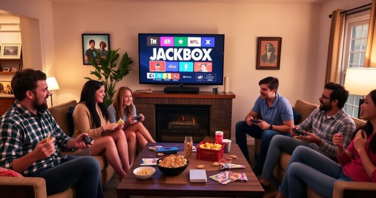 A cozy living room filled with friends laughing and holding game controllers, a large TV displaying colorful Jackbox game graphics, snacks scattered on a coffee table, warm lighting casting a friendly glow, everyone engaged and excited, a playful atmosphere capturing the essence of a fun game night together.